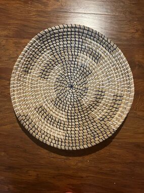 Handwoven Round Decorative Wall Basket - Natural, Navy & White